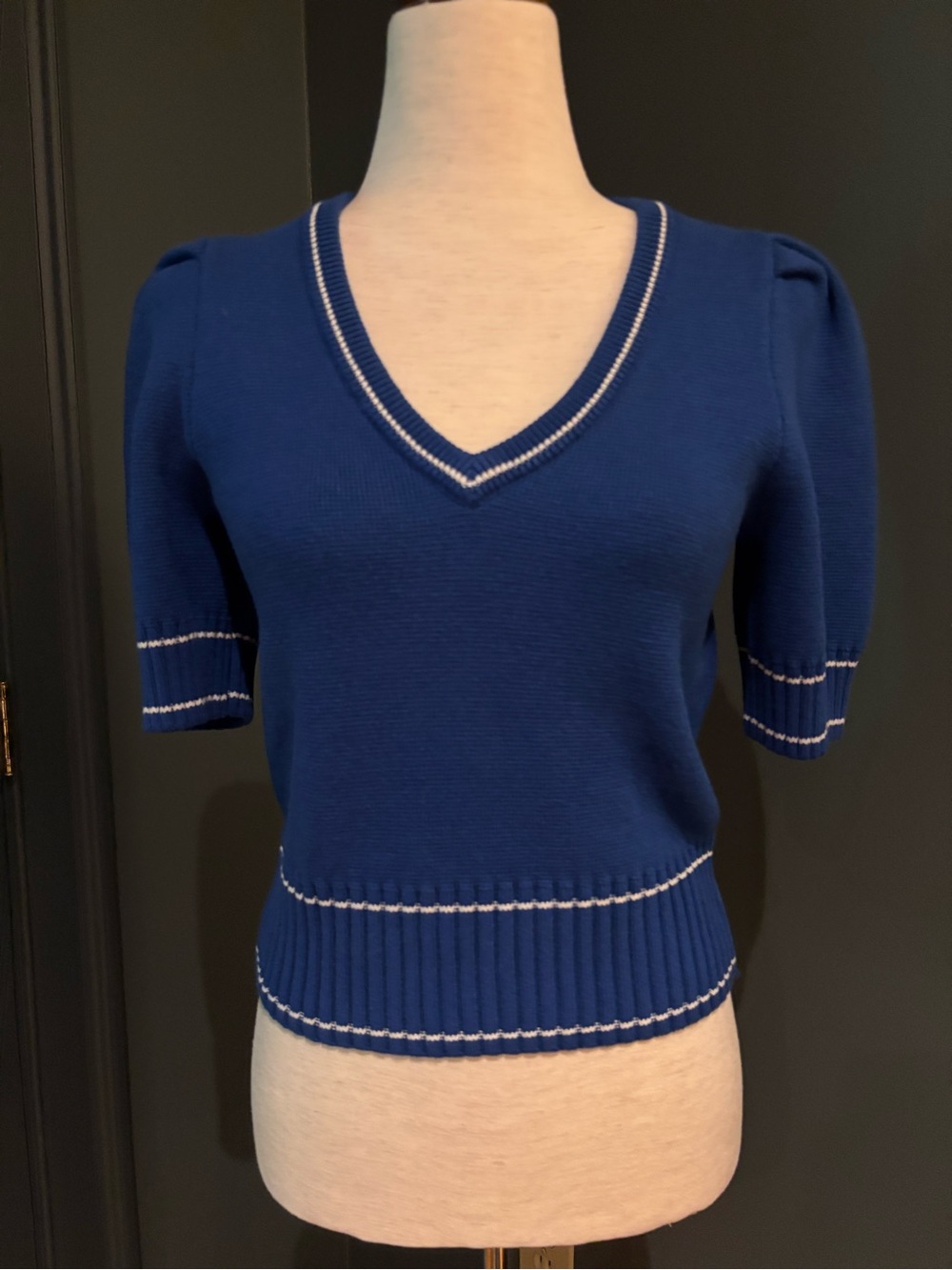 Women’s Cobalt Blue V-Neck Short Sleeve Sweater with Contrast Trim